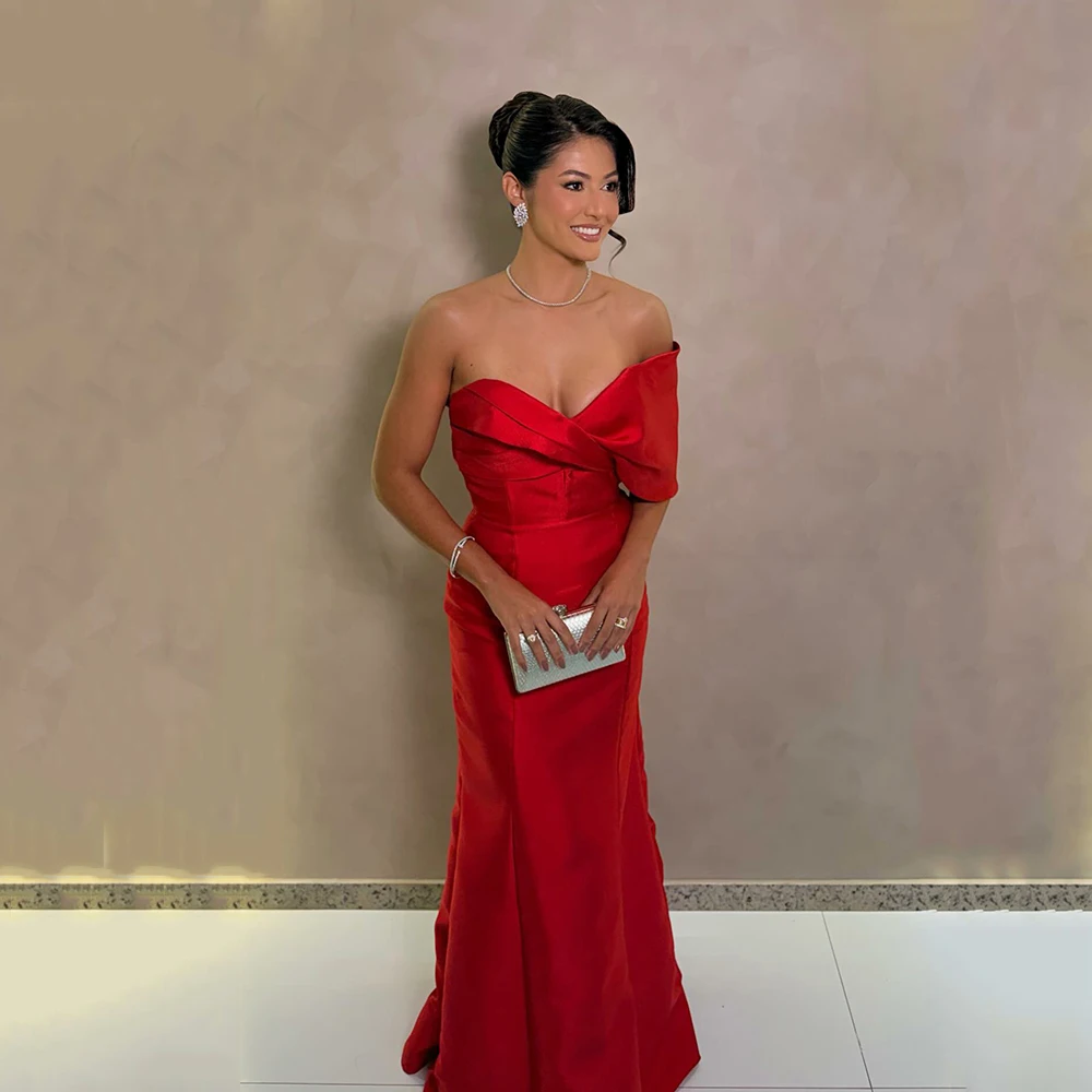 Msikoods Customized Red Satin Evening Dresses Off Shoulder Formal Gown Elegant Mermaid Prom Dress Wedding Guest Dress Party Gown