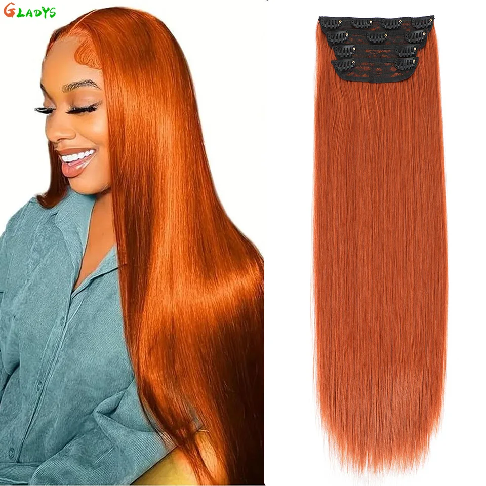 

Gladys 4pcs/lot Orange 11 Clips In Hair Extensions Clips Ins 24 Inch 220g Straight Synthetic Hair Clips Daily Use Hair Pieces