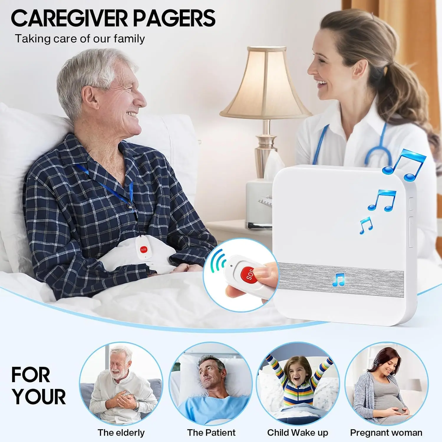 Wireless Caregiver Pager Call Button for Hard of Hearing Waterproof 500+ FT Nurse Alert System Elderly Monitoring Patient/Senior