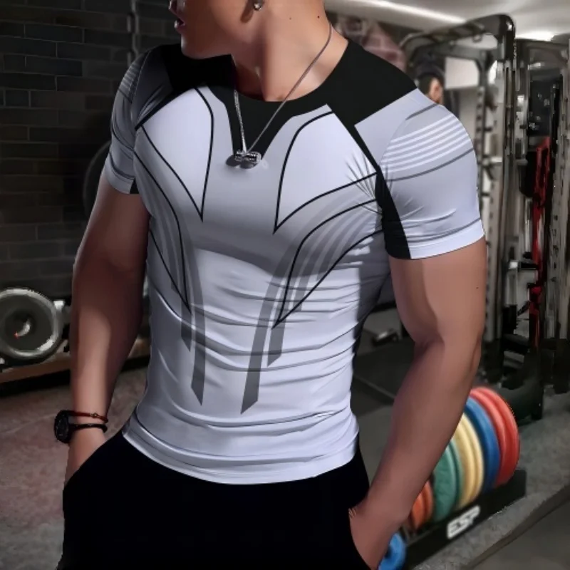 Herren Schwarz-Weiß Geometrisches V-Linien Kompressions-T-Shirt Muskel-Fit Rundhals Kurzarm Schnelltrocknend Dehnbar Atmungsaktiv Fitness