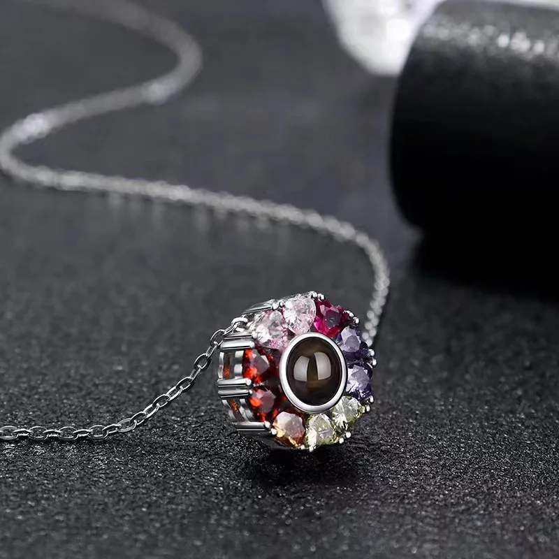 925 Sterling Silver Custom Projection Necklace Personalized Photo Colored Diamonds Pendant For Mother Girlfriend Birthday Gift