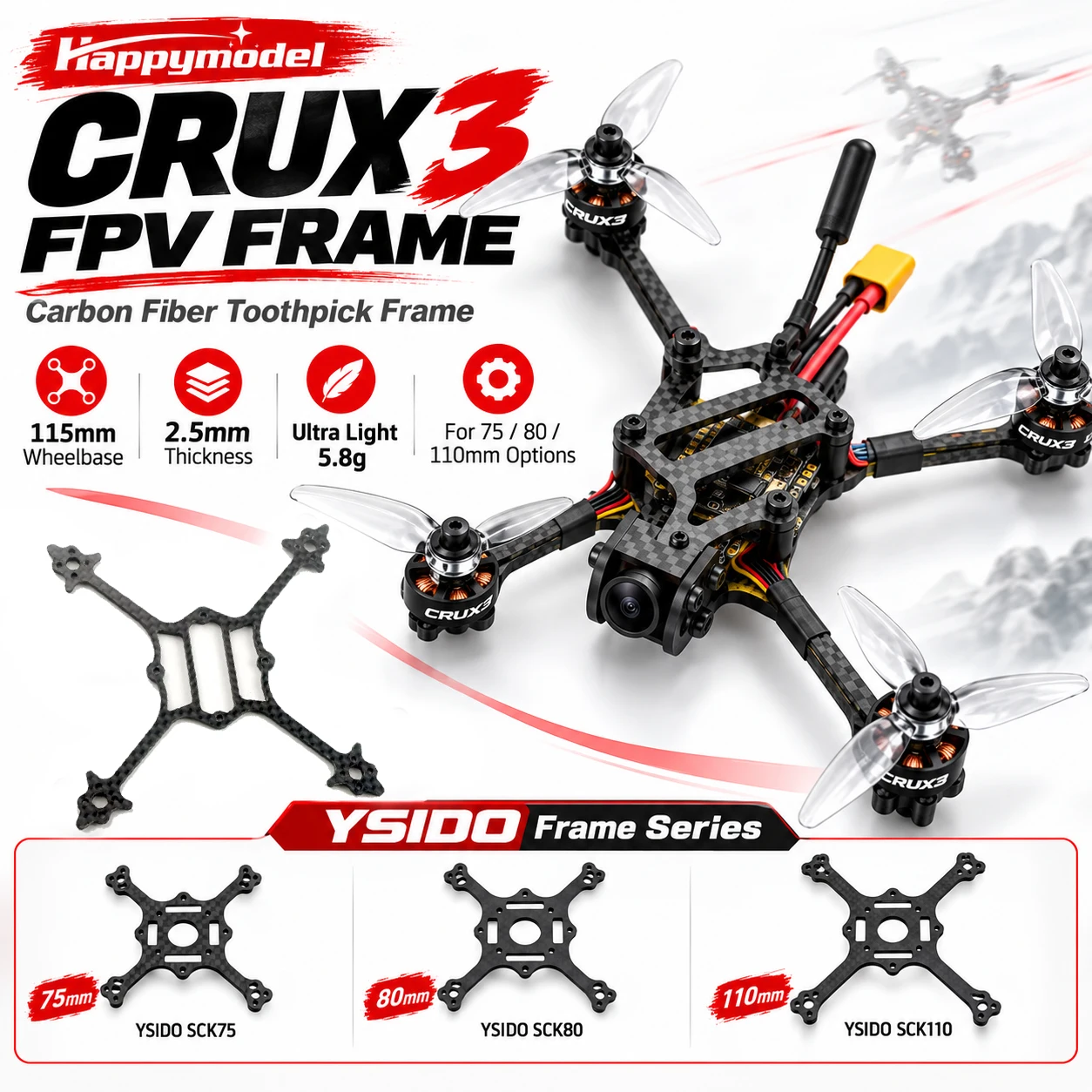 HappyModel Crux3 Replacement Frame Kit 75/80/110/115mm Wheelbase Carbon Fiber RC FPV Tiny Whoop Racing Drone Quadcopter DIY Part