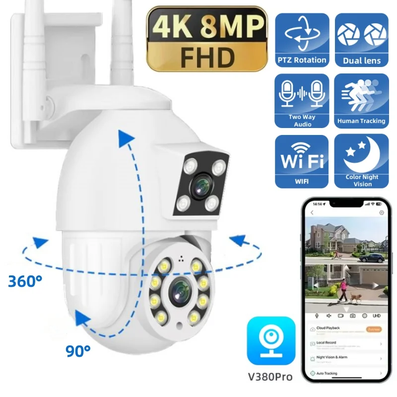 

4K 8MP Outdoor Wifi Camera Dual Lens Home Security Dual Screen AI Human Tracking Smart PTZ CCTV Monitor HD Surveillance Cameras