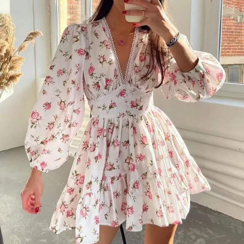 Women Casual Floral Print Mini Dress New Fashion Cozy Long Sleeve Deep V High Waist A-Line Dresses Beach Vacation Sweet Vestidos