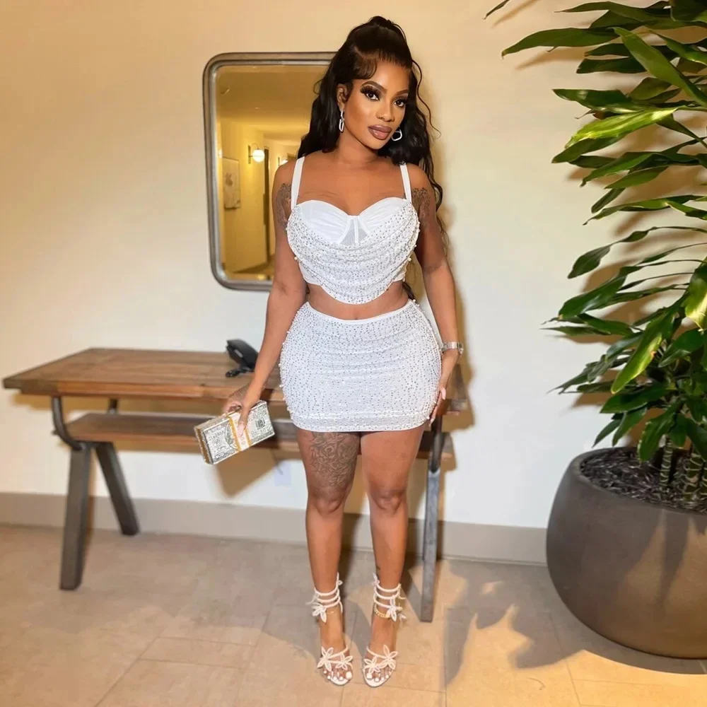 BWQ Women Diamonds Hot Rhinstones Midi Mini Skirt Suit and Strap Plle Neck Crop Top 2024 Sexy Two 2-częściowe zestawy strojów — zdjęcie 2