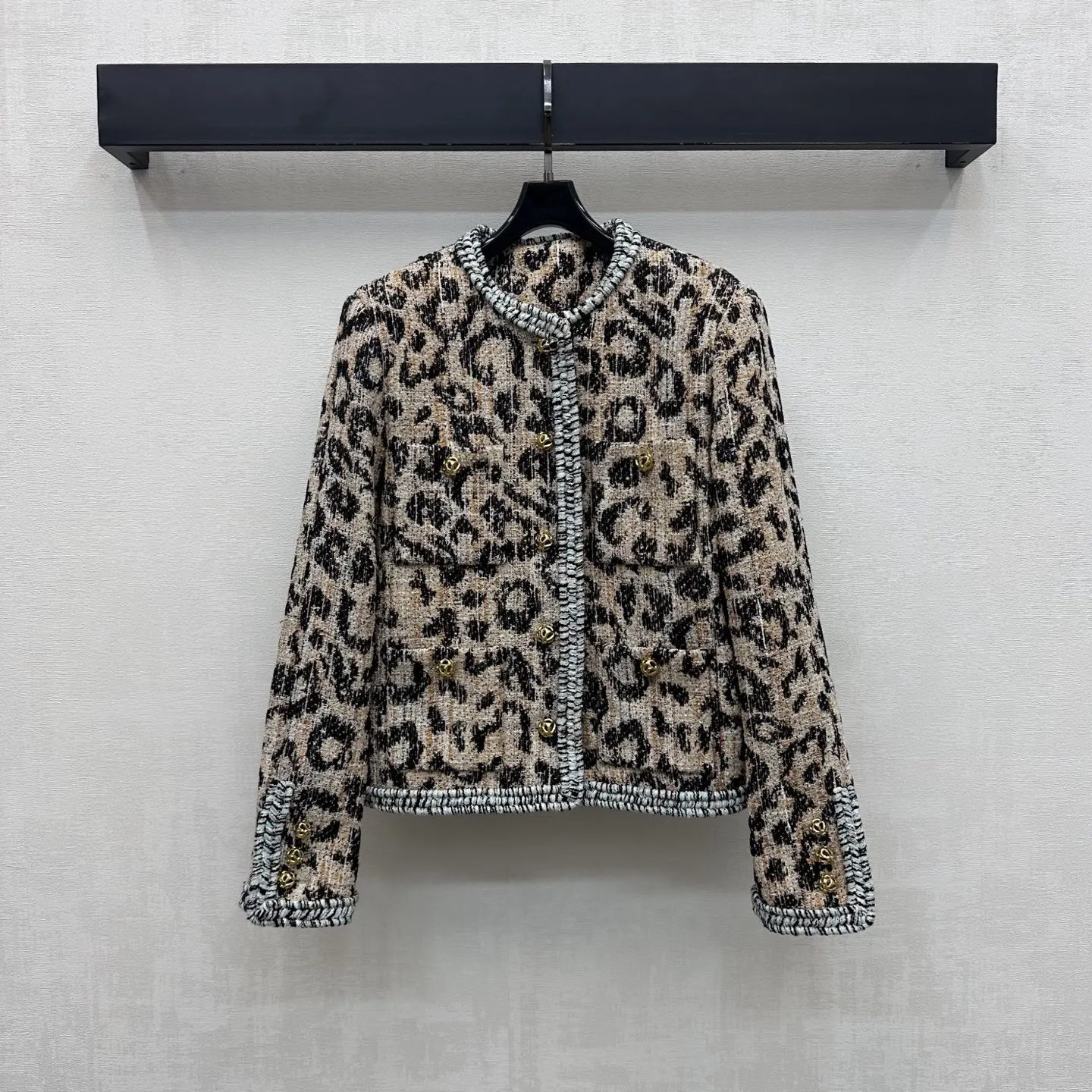 2026 Women Tweed Two Piece Set Leopard Wool Blend Trim Jacket High Waist A‑Line Midi Skirt Carved Buttons