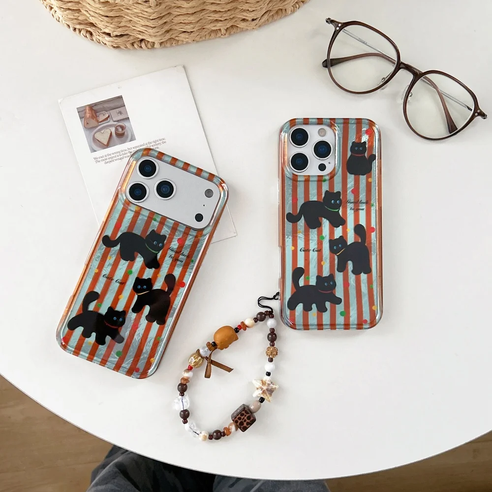 

Cute black cat striped phone case, suitable for iPhone 14/15/16/17 Pro Max, Fundans 17 Pro new shockproof protective case