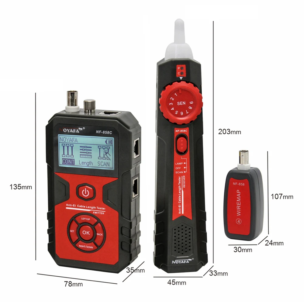 NOYAFA NF-858C Network Cable Tester Portable Cat 5 Cat 6 RJ11 BNC Cable Finder Measuring Cable Length and Breakpoints with Light