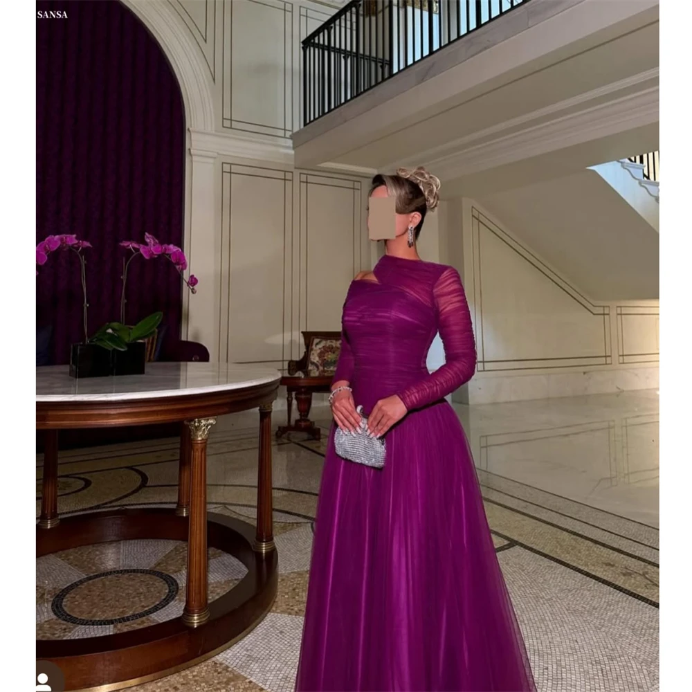 Sansa Customized Purple A-line Multilayer Pleats Elegant Prom Dresses Long Sleeve Vestidos De Noche Floor-Length Formal Evening