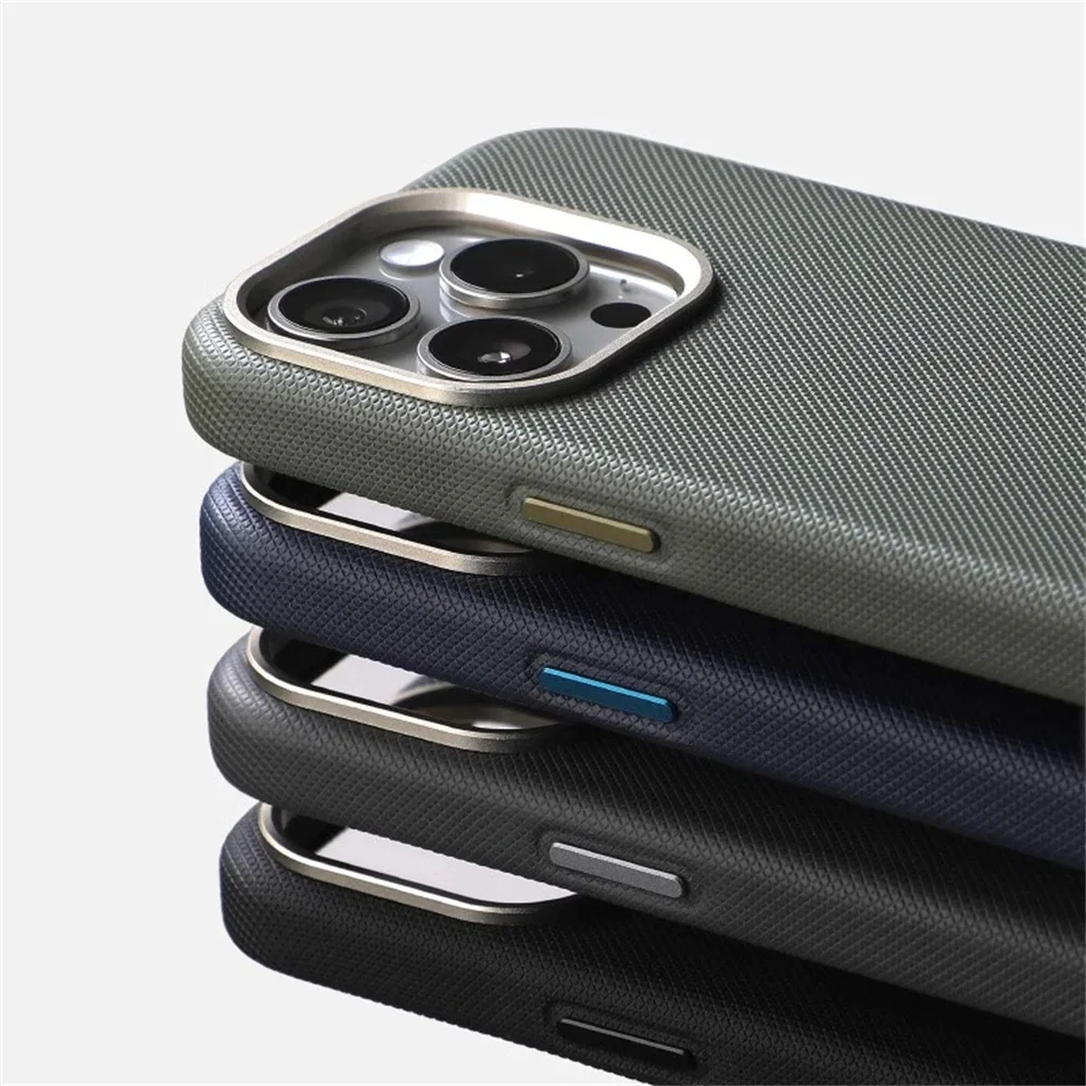 Luxus Legierung Objektiv Rahmen Partikel PU Leder Magnetische Fall Für iPhone 17 16 Pro Max 15 14 13 Für Magsafe Drahtlose Lade Abdeckung