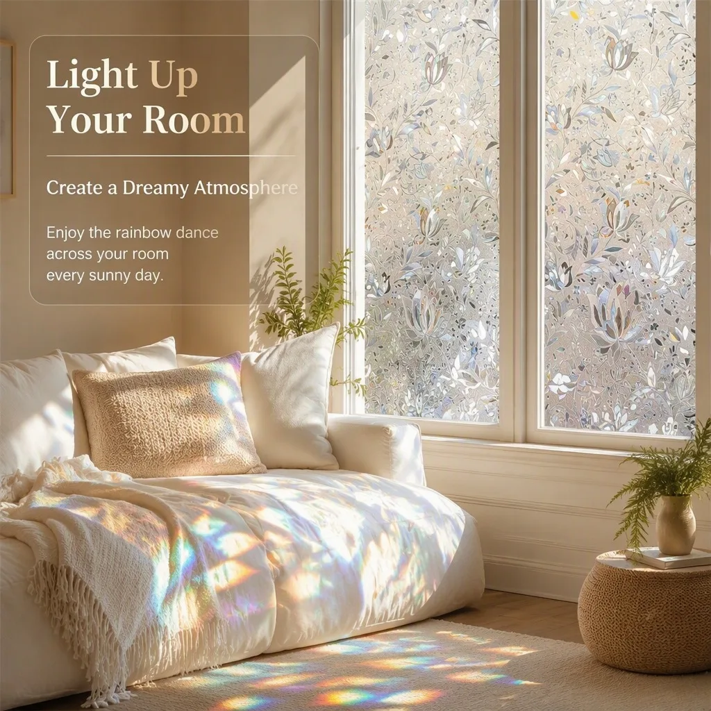 Tulip Floral Stained Glass Privacy Window Film Colorful Sun Block Heat Control Static Cling for Home Office Glass