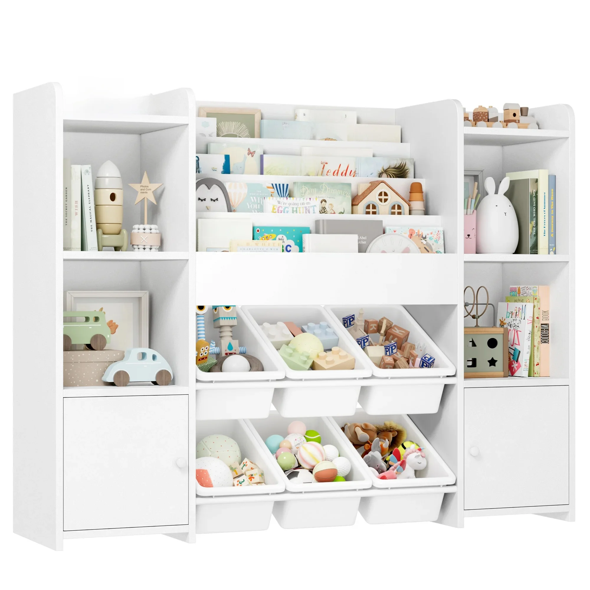 Getone Speelgoedopbergmeubel Kinderopbergmeubel Speelgoedopbergkast met 6 uitneembare dozen, 4-laags boekenplank Kinderboekenkast Speelgoedorganizer voor kinderkamer, kinderkamer speelkamer - afbeelding 2