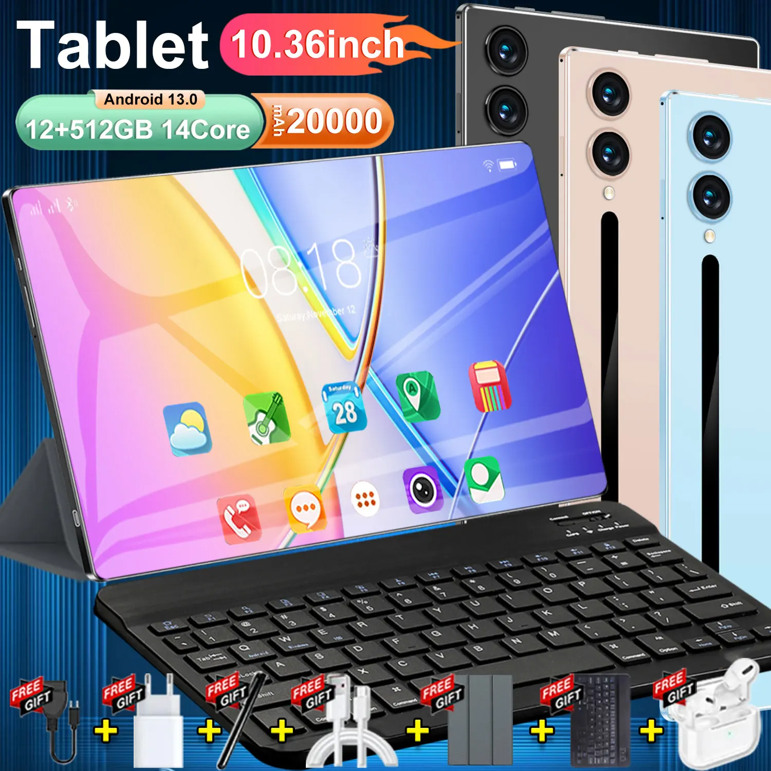 Tablet Android 13 de 10.36 Pulgadas, 20000mAh, con Teclado, 5G, 12GB de RAM, 512GB de ROM, Bluetooth, 14 Núcleos, WIFI, Oficina, GPS, HD, 2026