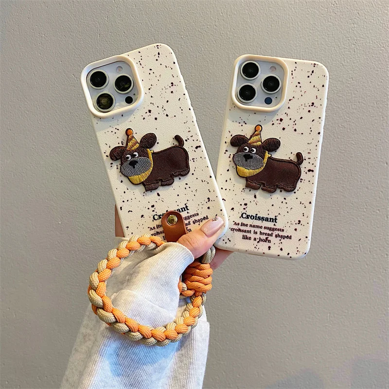 Leather Pattern Phone Case Splash-ink Embroidered Dachshund Strap Lanyard for iPhone 12 13Pro 14 15 Pro Max Korean Ins