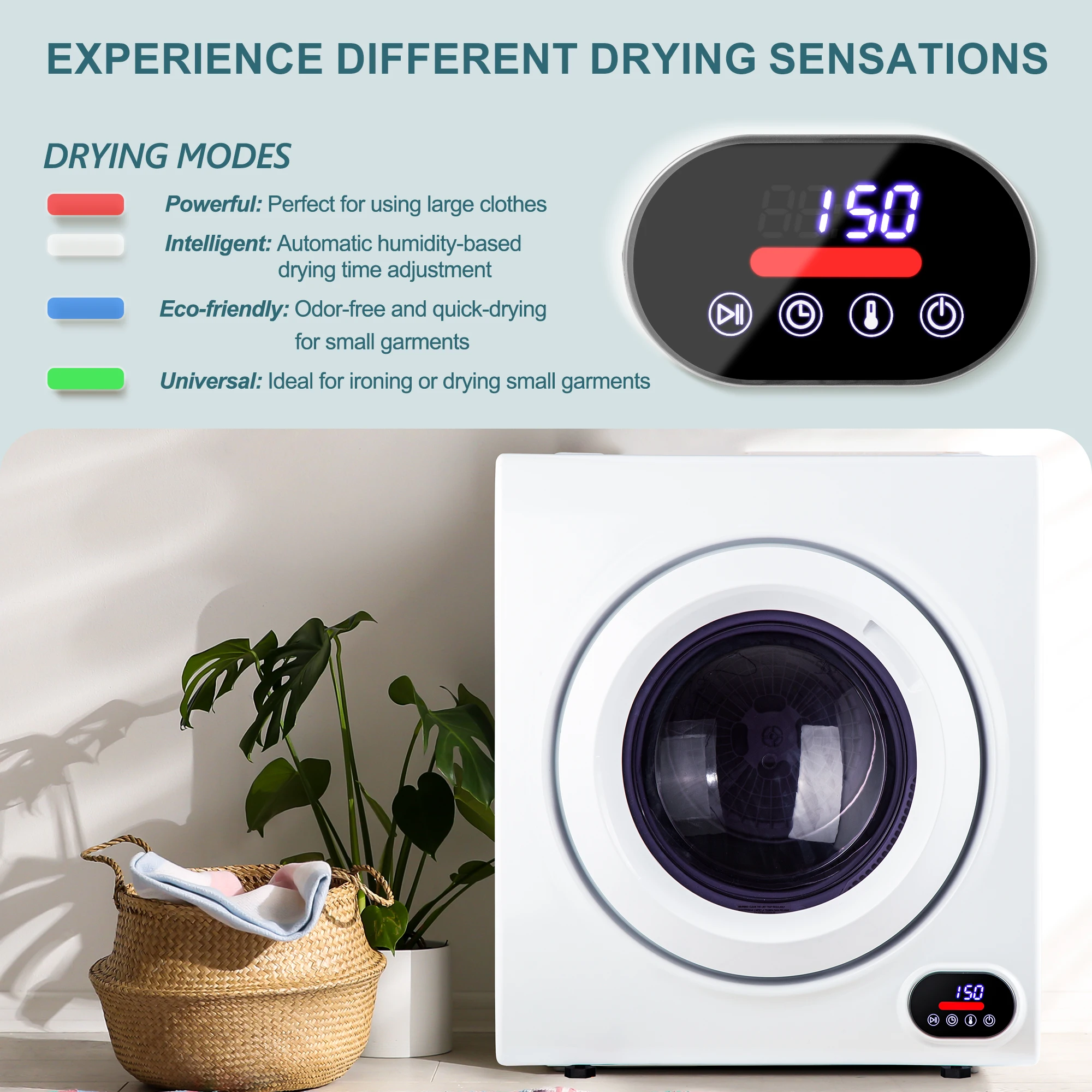 SIMZLIFE Compact Laundry Dryer 2.65 cu ft Clothes Dryers LCD Control Panel Four-Function Portable Dryer For Apartments Home Dorm