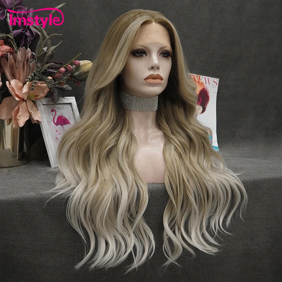 Imstyle Ombre Blonde Wig Synthetic Lace Front Wig Long Wavy Wigs For Women T Part Lace Wig Heat Resistant Fiber Natural Hairline