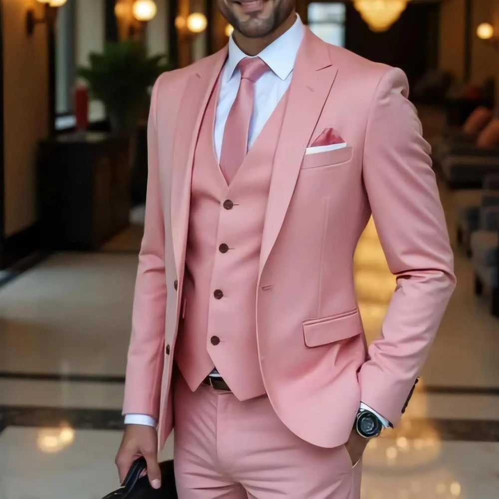 

Dark Pink Formal Business Men Suit Groom Groomsman Wedding Party Prom Male Tuxedos 3 Piece Set Blazer Vest Pants
