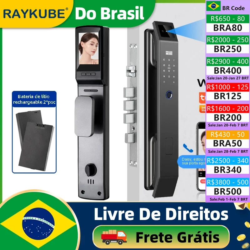 Do Brasil RAYKUBE Digital Facial Fingerprint Electronic Lock With WiFi Camera Tuya APP Remote Control 2* Rechargeable Batteries