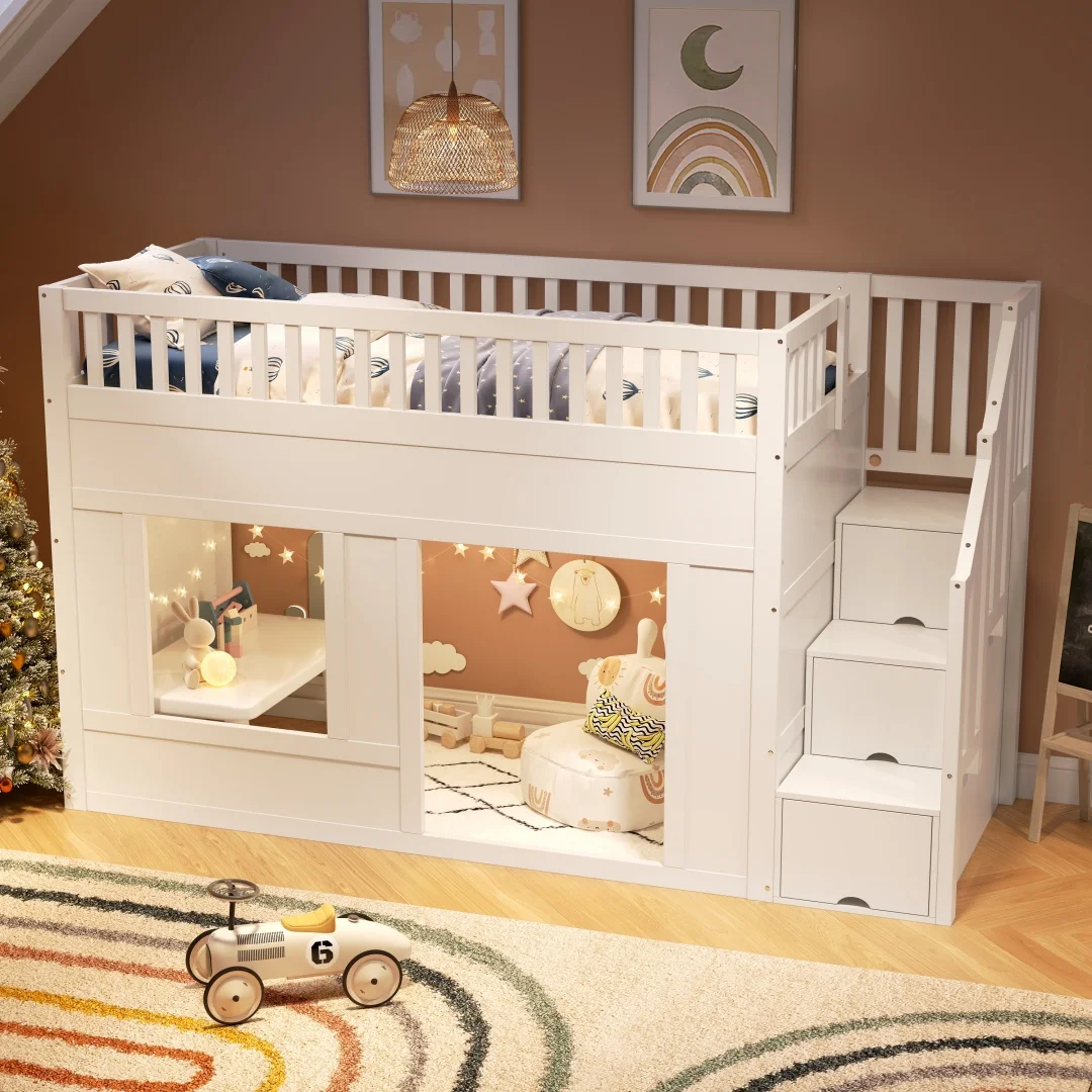 Lit d'enfant, lit superposé (90 x 200 cm), lit mezzanine, lit d'enfant multifonctionnel avec armoire-escalier, espace de jeu transformable en dessous, sans matelas, blanc