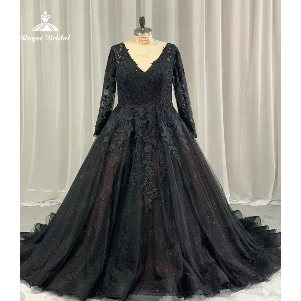 Plus Size Black Lace Wedding Dresses For Women 2023 V Neck Ball Gown Long Sleeve Brides Grown Appliques Lace Up Robe De Mariee