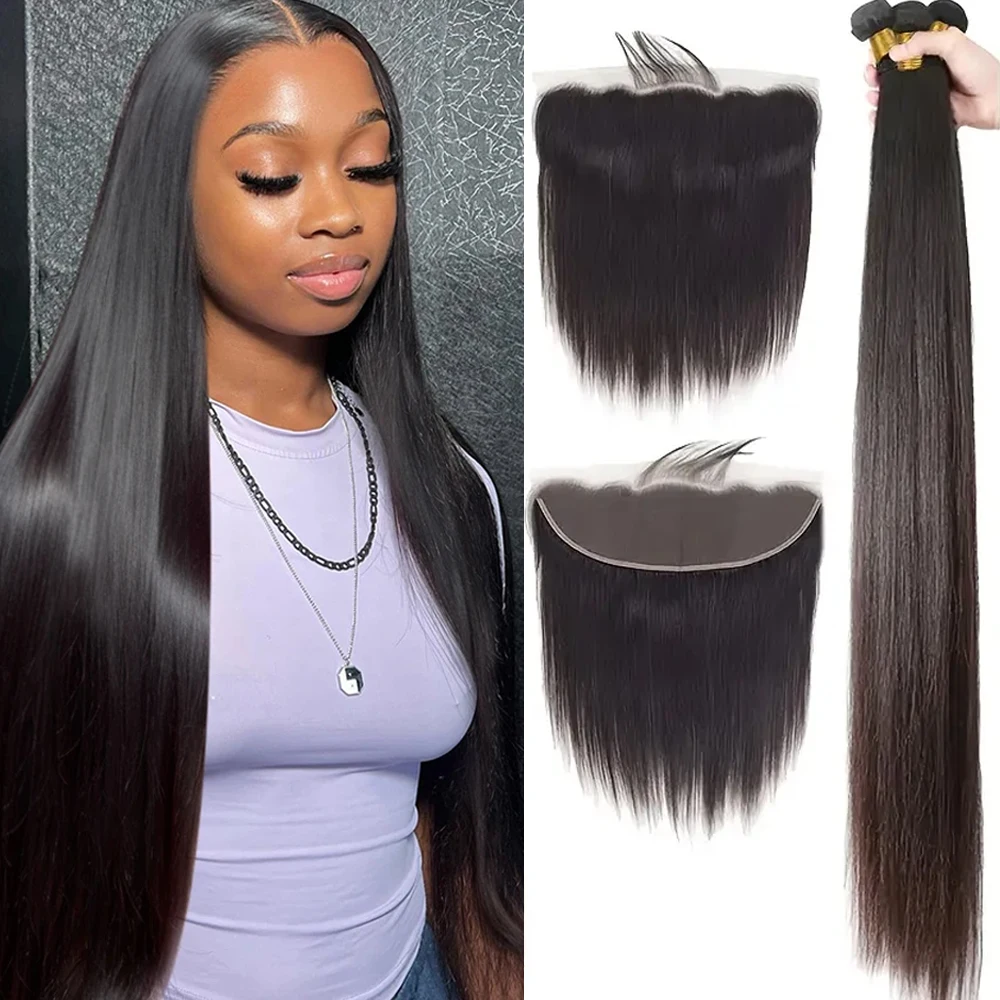 

13x4 Transparent Lace Straight Frontal With Brazilian Hair Bundles Weave 3 Bundles With Frontal Natural Human Hair Extensions