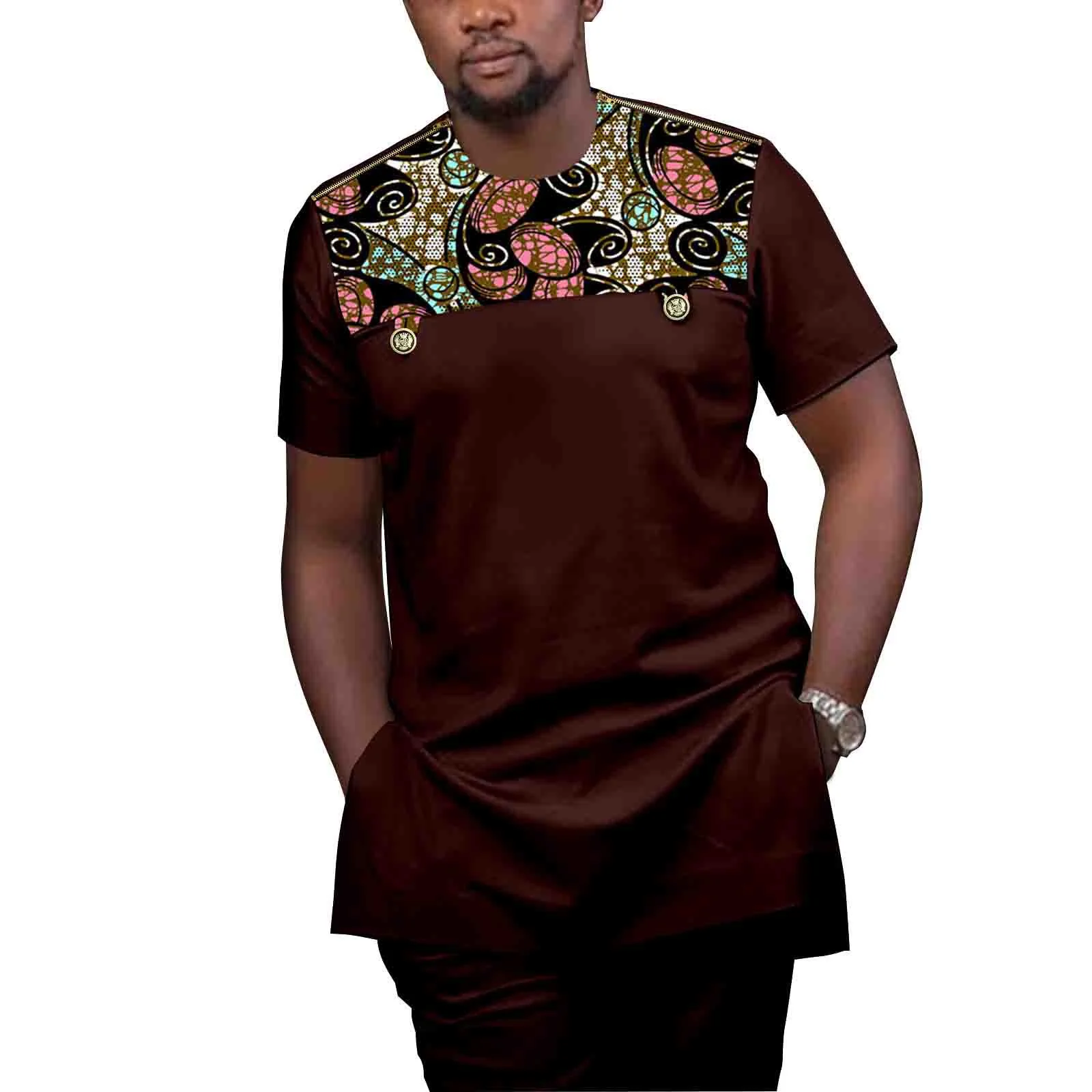 

Hot New Trend African Men Clothing Ankara Pants Set Dashiki Shirt 2 Pcs Outfits Crop Top Attire Short Sleeve Plus Size Casual
