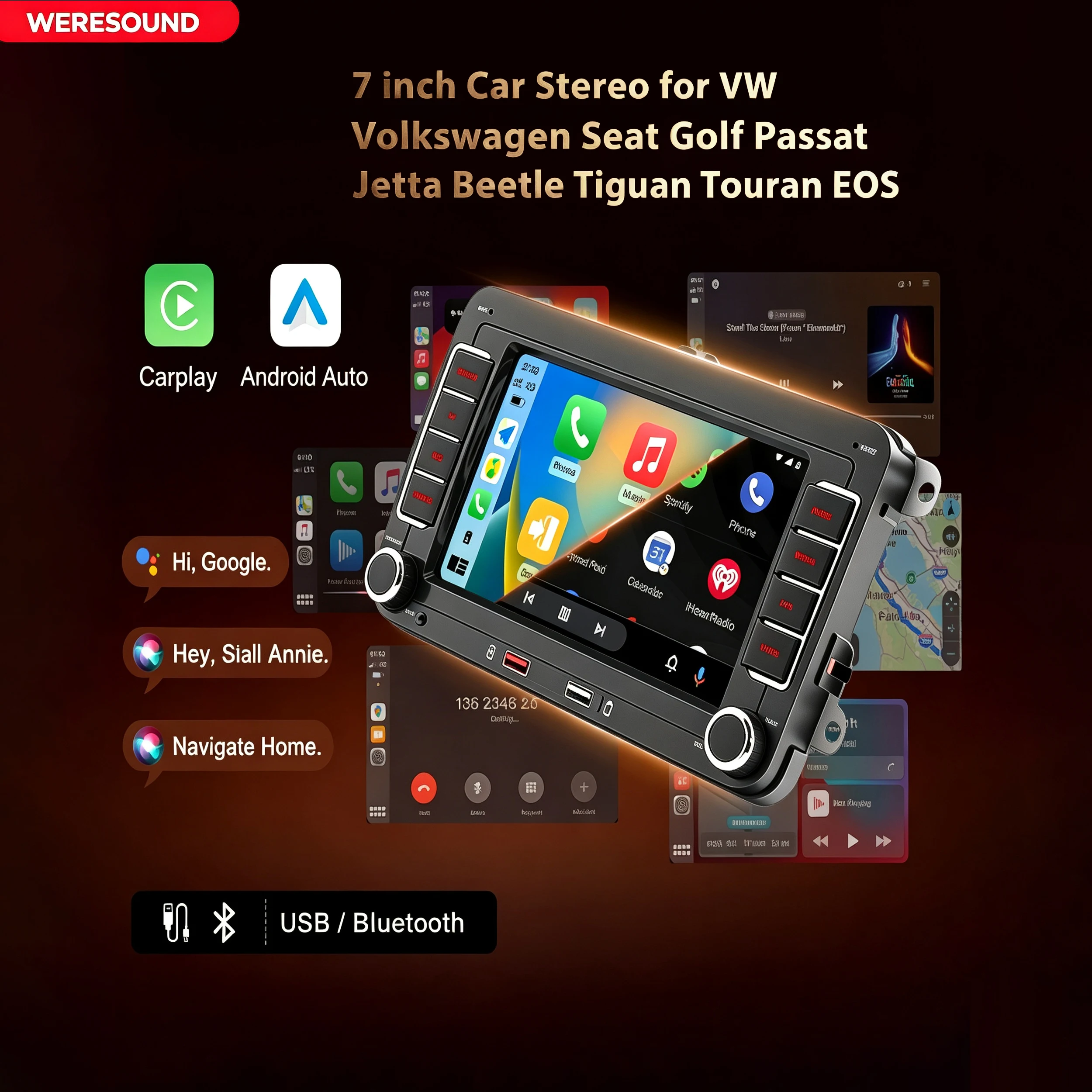 WERESOUND, autoradio 7 pouces pour VW Volkswagen, avec CarPlay sans fil, Android Auto, autoradio stéréo, lecteur multimédia MP5, Bluetooth, radio FM, RDS, pour GOLF, PASSAT, POLO, JETTA, TOURAN, TIGUAN, SKODA OCTAVIA, SEAT.