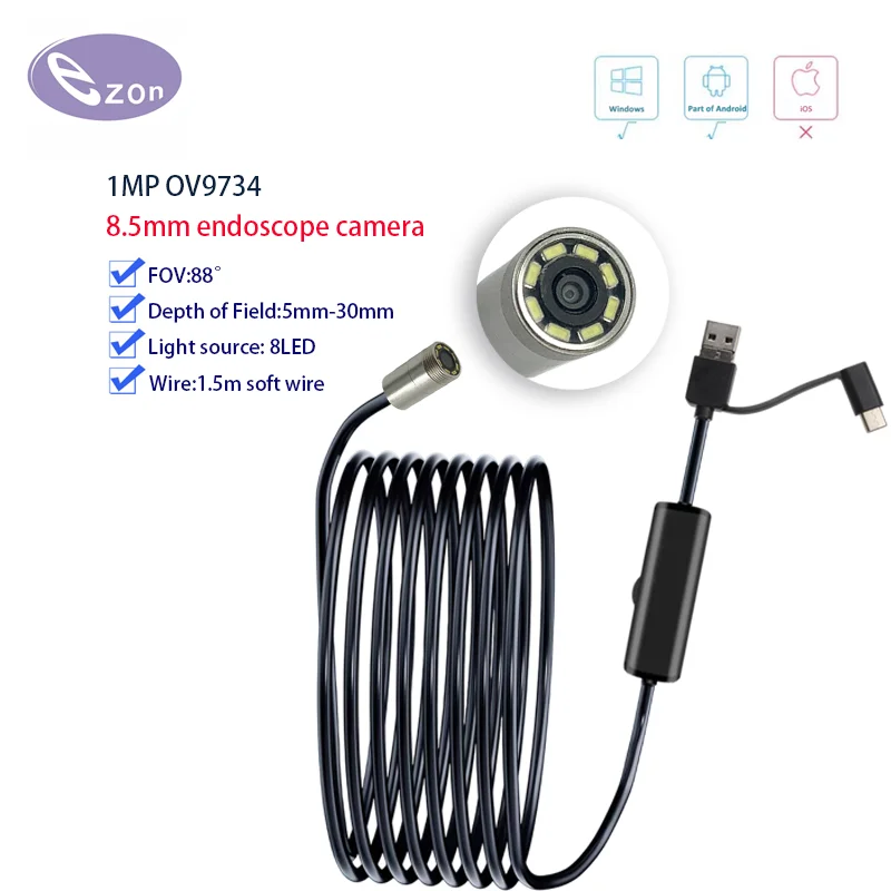 1MP 8.5mm FOV88゜ Ultra Short USB Endoscope IP67 Waterproof 3 in 1 Cable Industrial Steering Endoscope