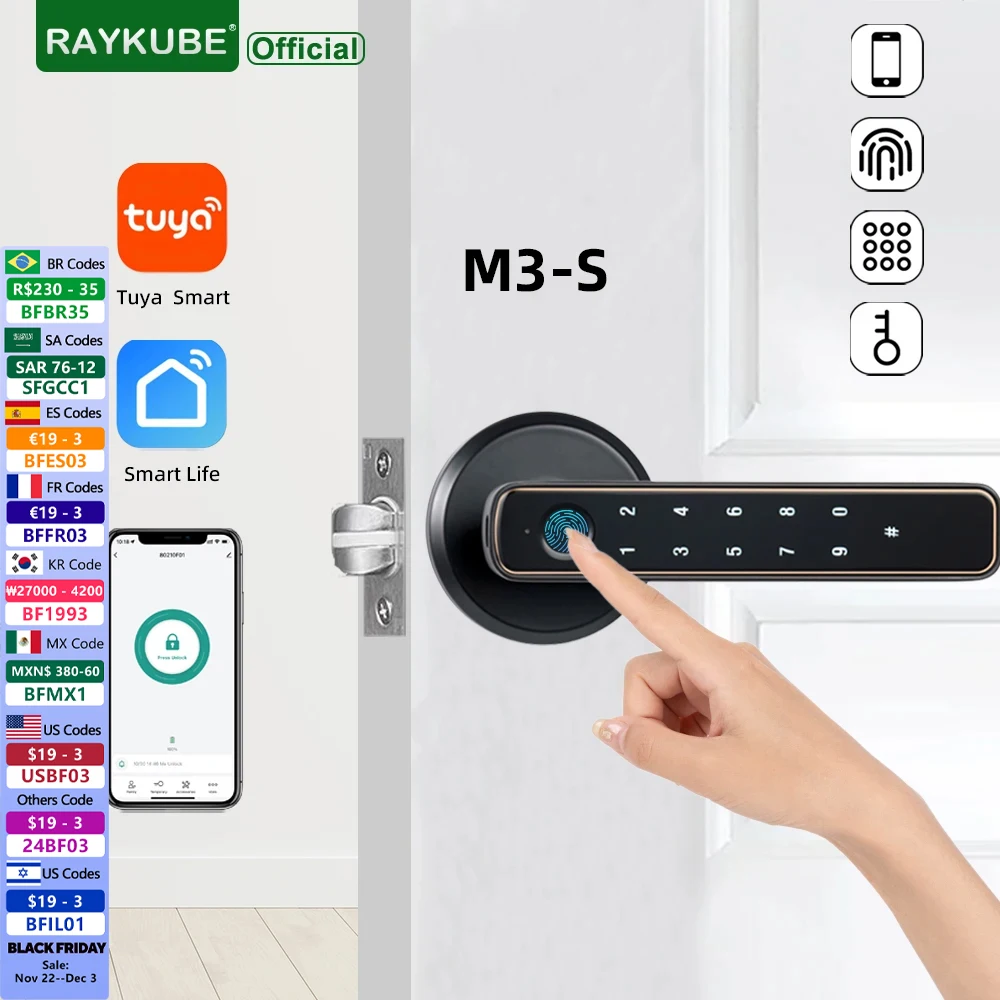 RAYKUBE M3-S Tuya BLE Smart Fingerprint Door Lock Electronic Lock with Password/Key/Smartlife/Tuya APP Remote Unlock For Bedroom