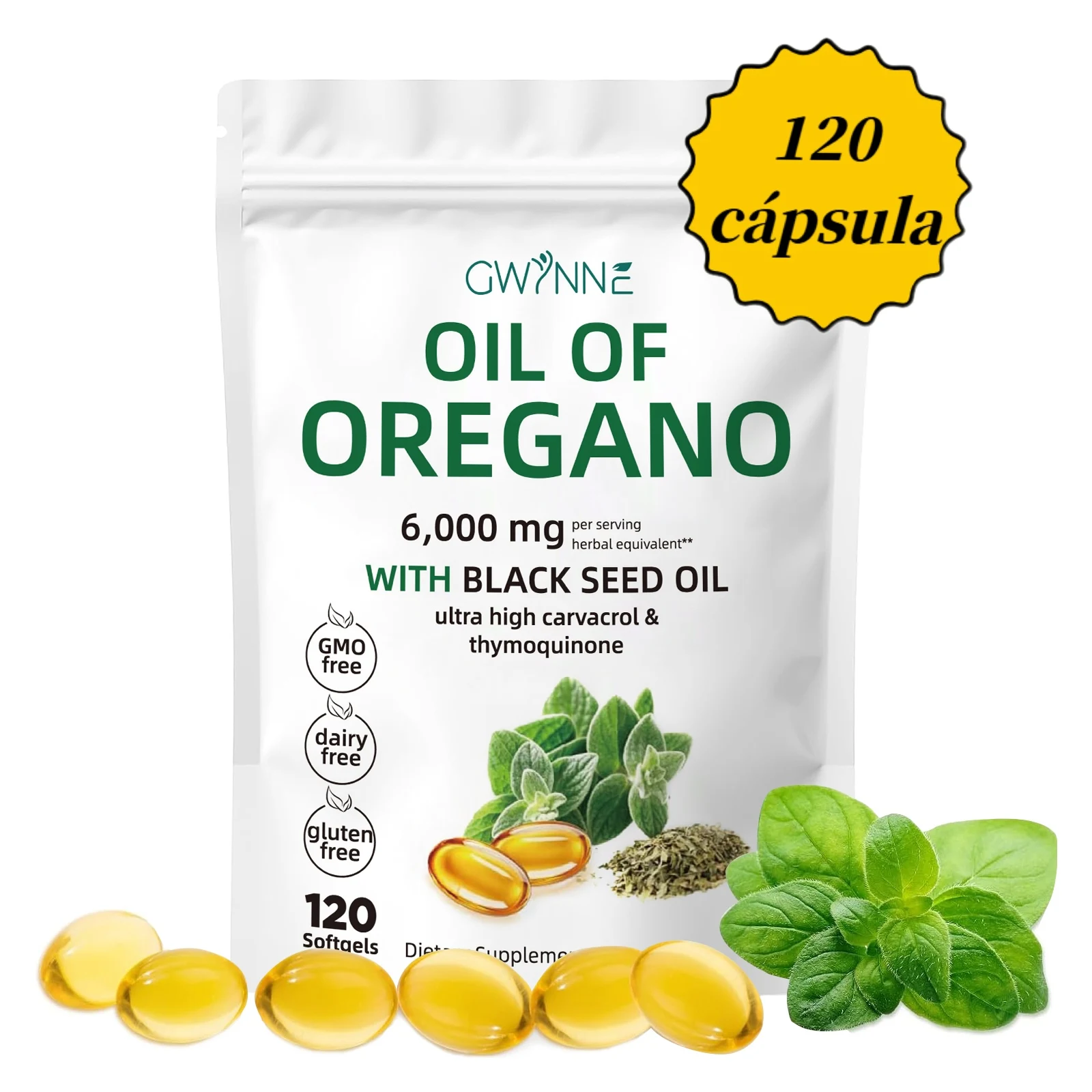 Gwynne Micro Ingredients Oregano زيت كبسولة ناعم 6000 ملجم لكل تخدم 120 كبسولة زيت البذور السوداء المدمج