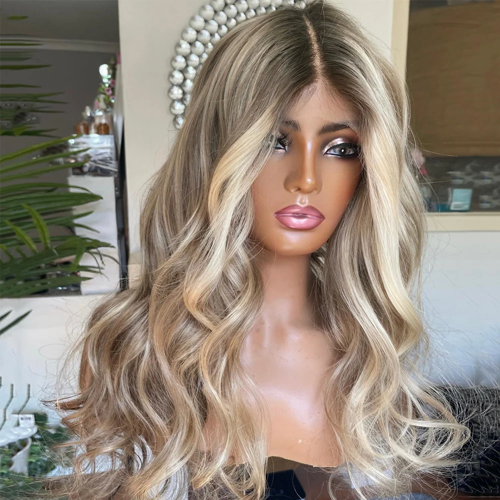 22” Blonde Light Ash Brown Roots Melting Wig Wavy Full Lace Wig 100% Virgin Human Hair Wig 200 Density HD 13x6 Lace Front Wig