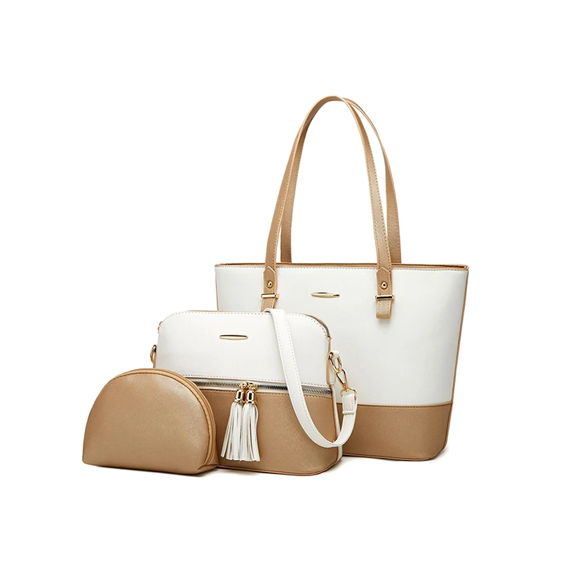 

Женская сумка Gorfia из искусственной кожи из трех предметов, фиолетово-белая сумка через плечо с цветными блоками и кисточкой, модная сумка для работы