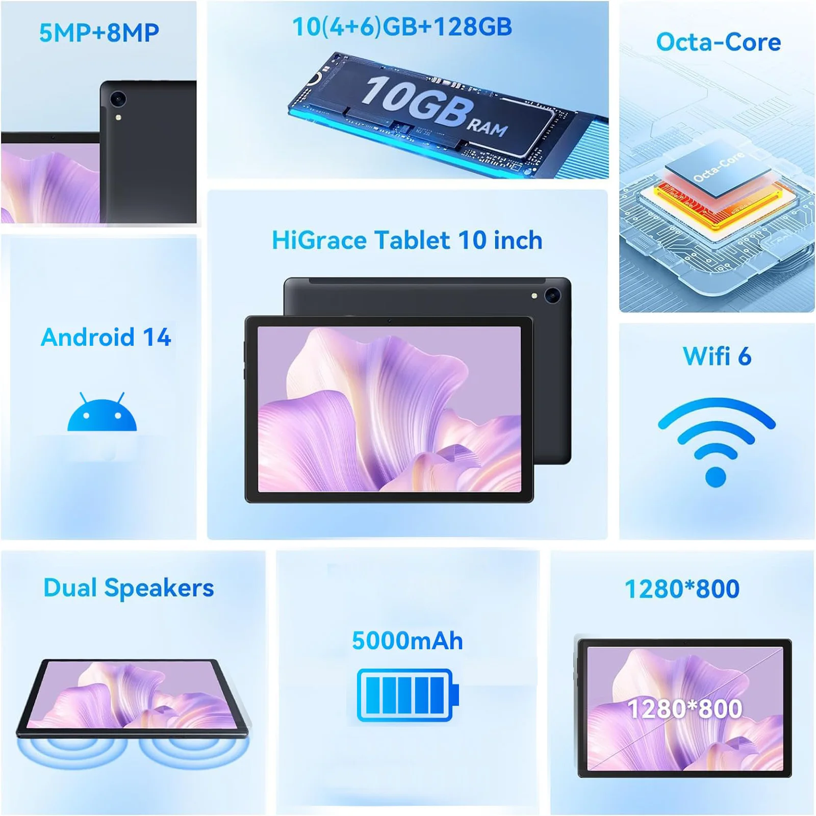 C107 10.1 Inch Android 14 Tablet 10GB RAM 128GB ROM 1TB Expand Octa-Core Processor HD IPS Display A523 CPU 5000mAh Battery