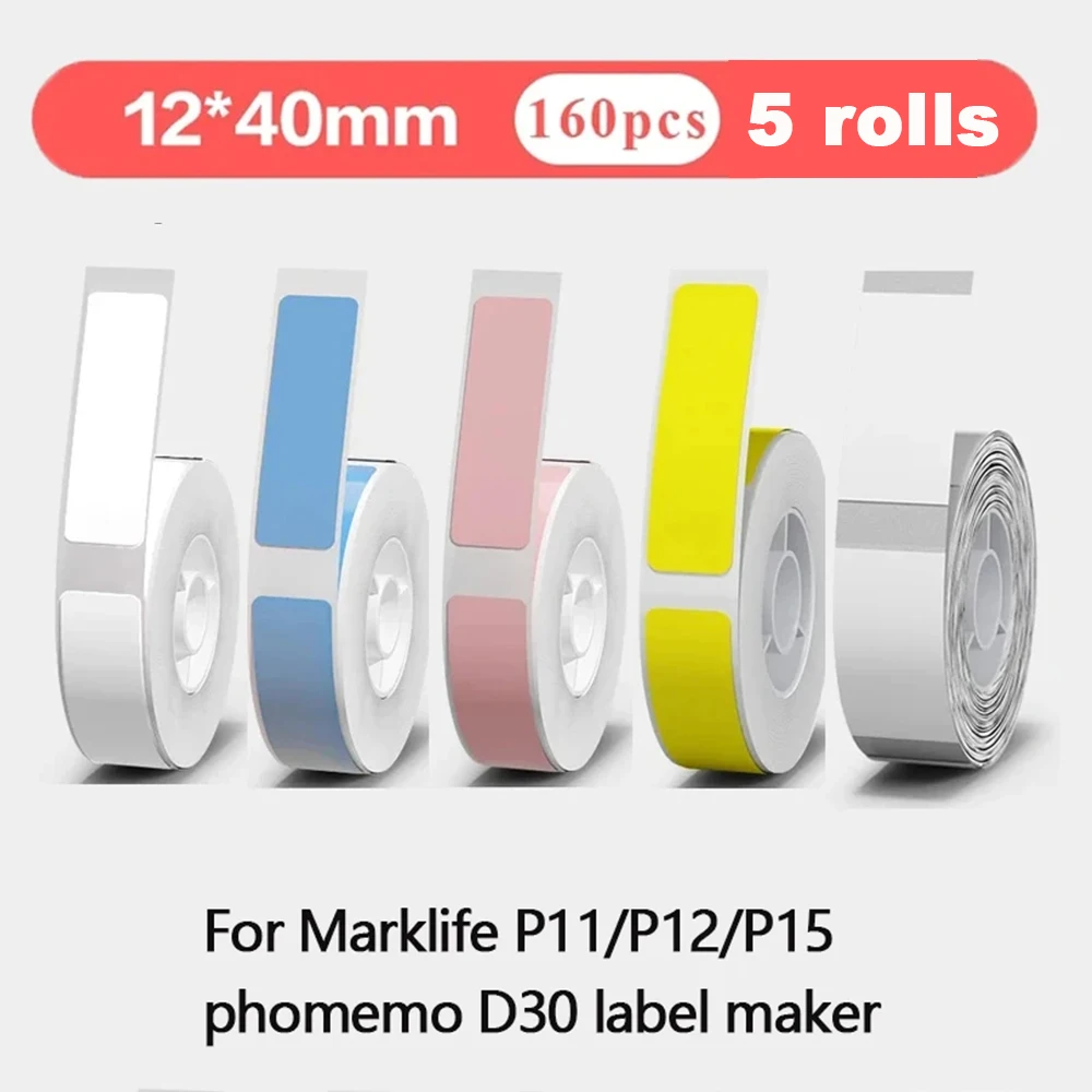

5 шт., 12 мм x 40 мм, белая этикеточная бумага для принтеров P12, P15, D30, Q30, водонепроницаемая самоклеящаяся термонаклейка для принтера