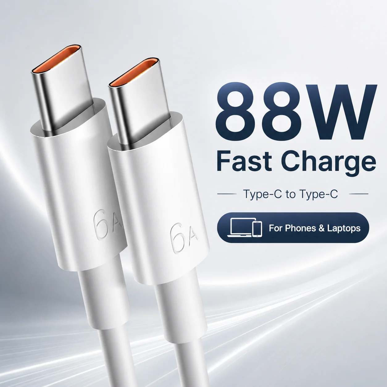 88W 6A USB-C zu USB-C Kabel, Typ-C Schnellladekabel für Handys Laptops Tablets, Langlebiges Weißes Ladekabel, Datensynchronisation