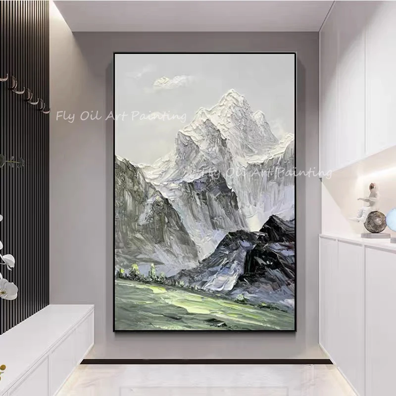 100% Handmade simple mountain snow landscape picture tree large size thick Oil Painting Porch Aisle For Living Room