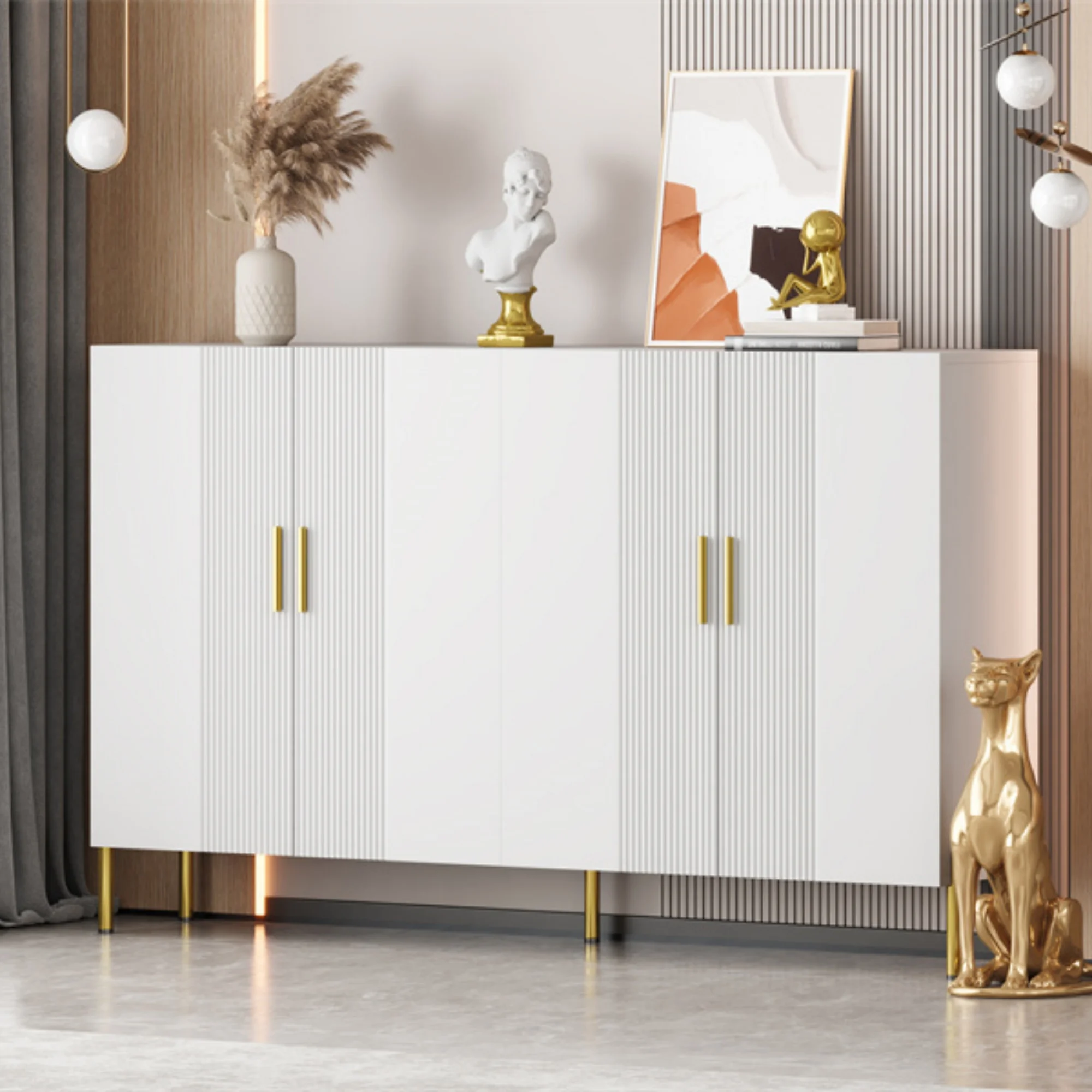 Armadio portaoggetti multifunzionale moderno bianco opaco con 4 ante aperte e chiuse, armadio per sala da pranzo, decorazione dorata