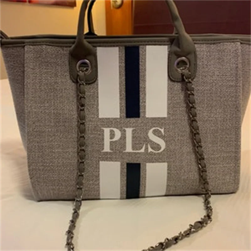 Monogram Tote Bag Canvas Customised Grey Chain Handbag Personalised Navy White Stripe Initials Beach Holiday Shoulder Tote Bag