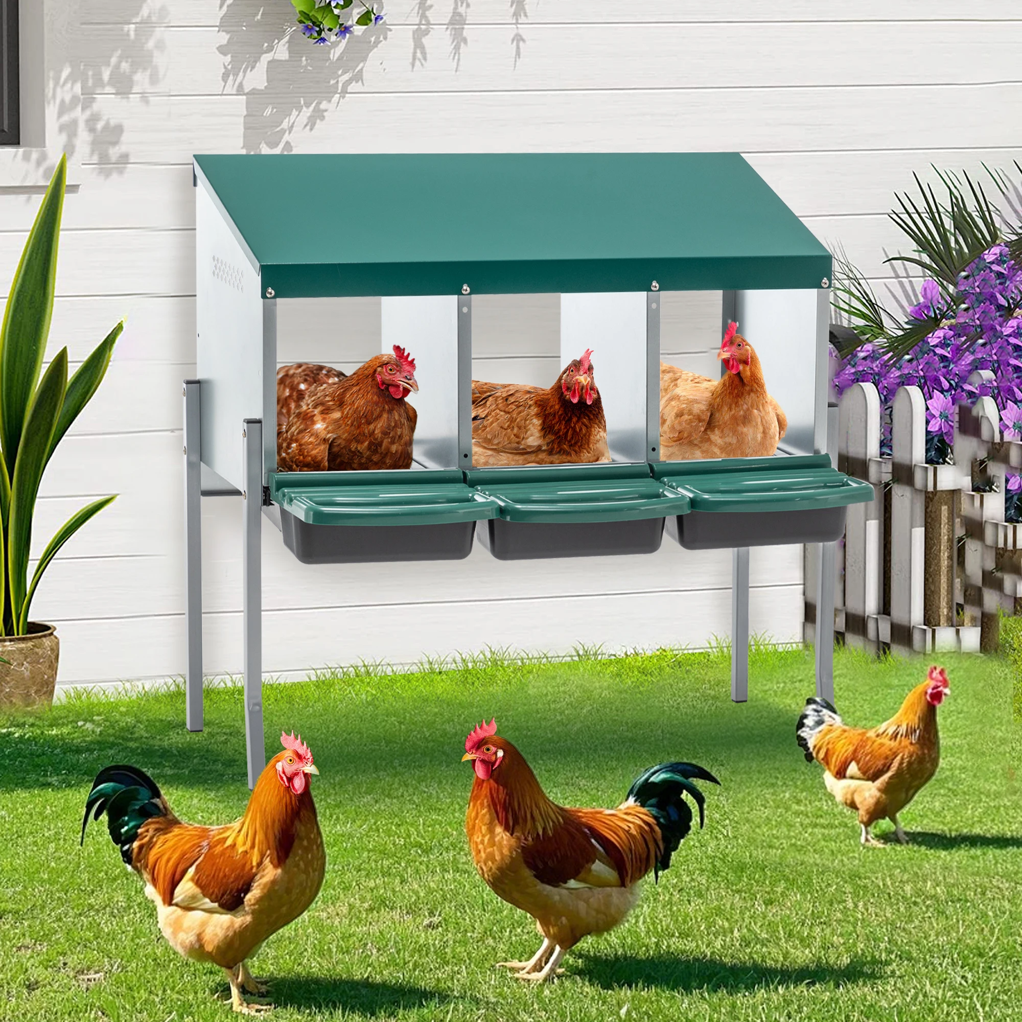 

3-hole chicken nesting box with legs and lid, outdoor coop laying box, green (3-Hole With Legs,Green)