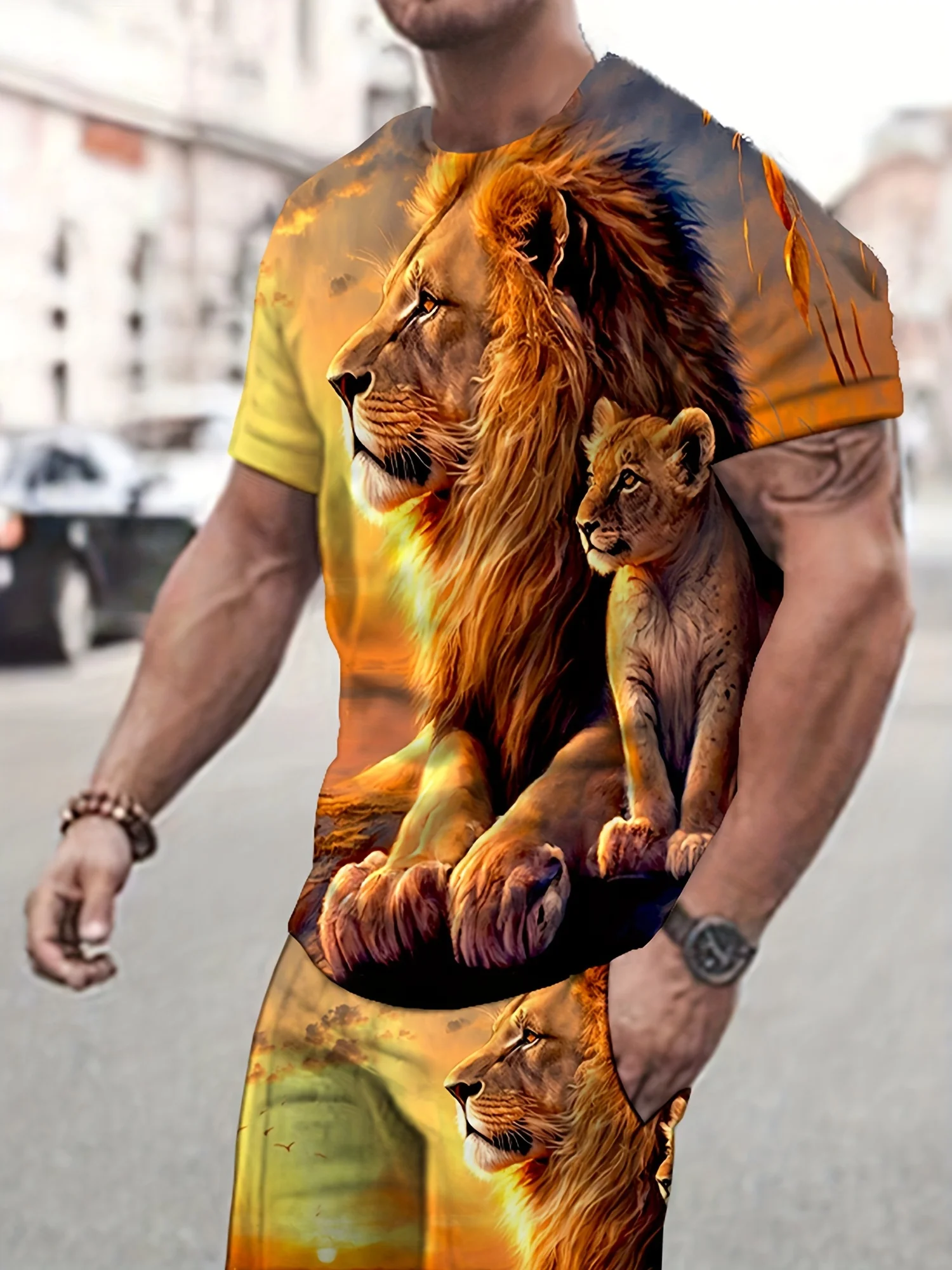 2024 New Men\'s Casual Short Sleeve T-Shirt Fashion Shorts 2-piece Set Lion Print Sportswear Suitable for Summer