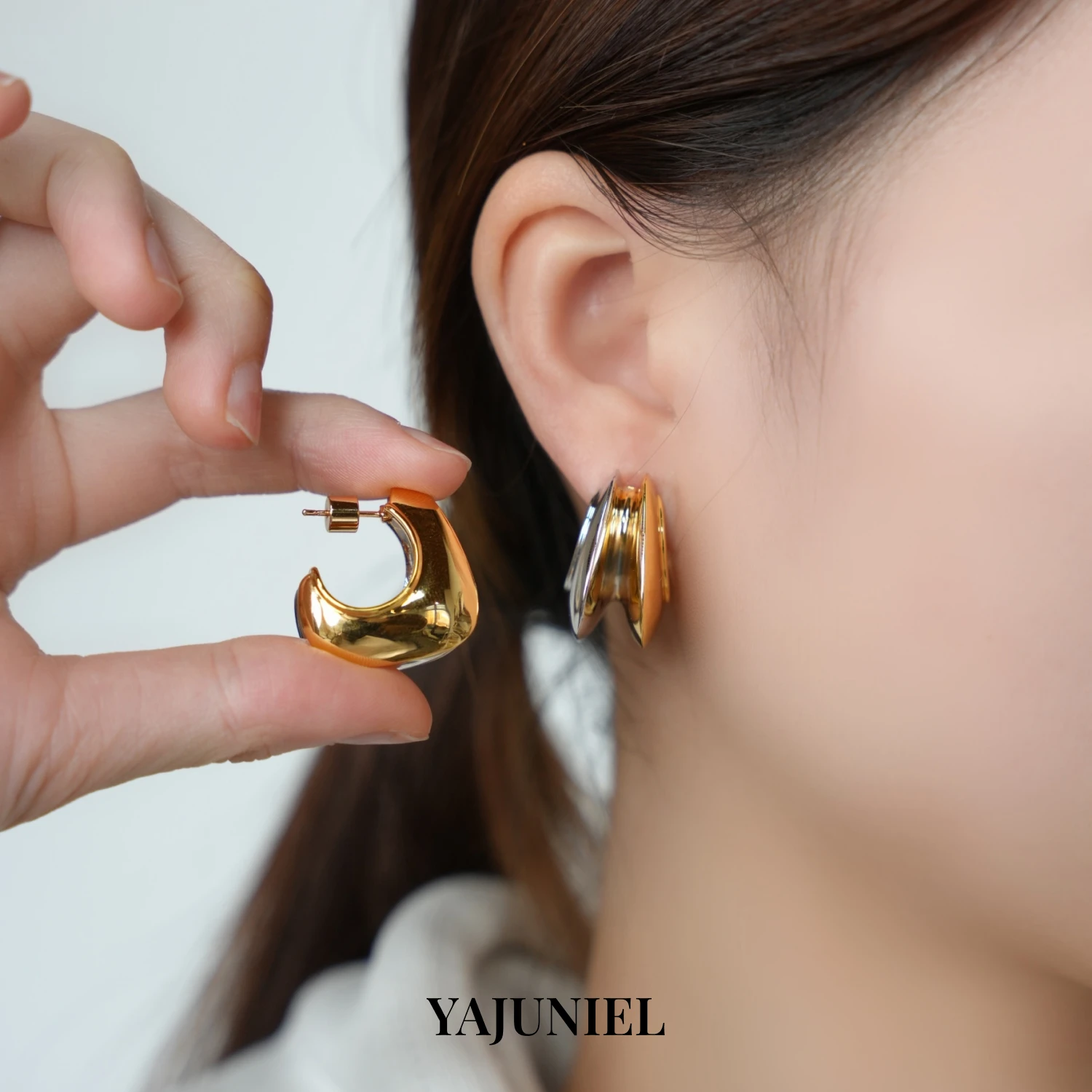 

YAJUNIEL Two-Tone C Hoop Earrings for Women 24K Real Gold & White Gold Plated Hypoallergenic Sculptural Chunky Earrings