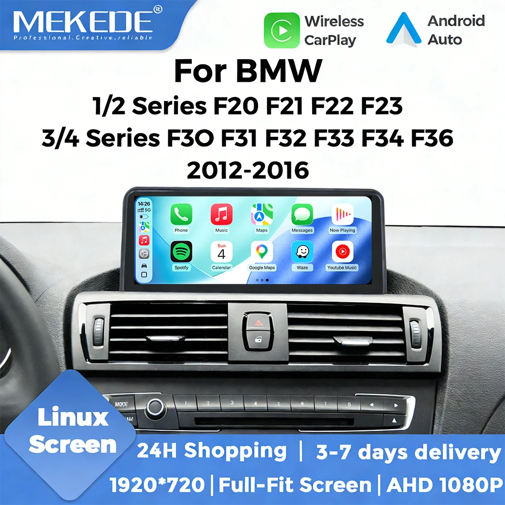 Schermo per auto MEKEDE Linux con CarPlay wireless e Android Auto per BMW Serie 1 2 3 4 F20 F21 F22 F23 F30 F31 F32 F33 F34 F36 2012-2016, display QLED Full Fit Touch 1920*720, lettore multimediale