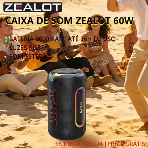 Caixa de Som Bluetooth ZEALOT-MP1 60W Grave Forte, Bateria 8000mAh, Luz RGB, alça segura, emparelhamento duplo portátil