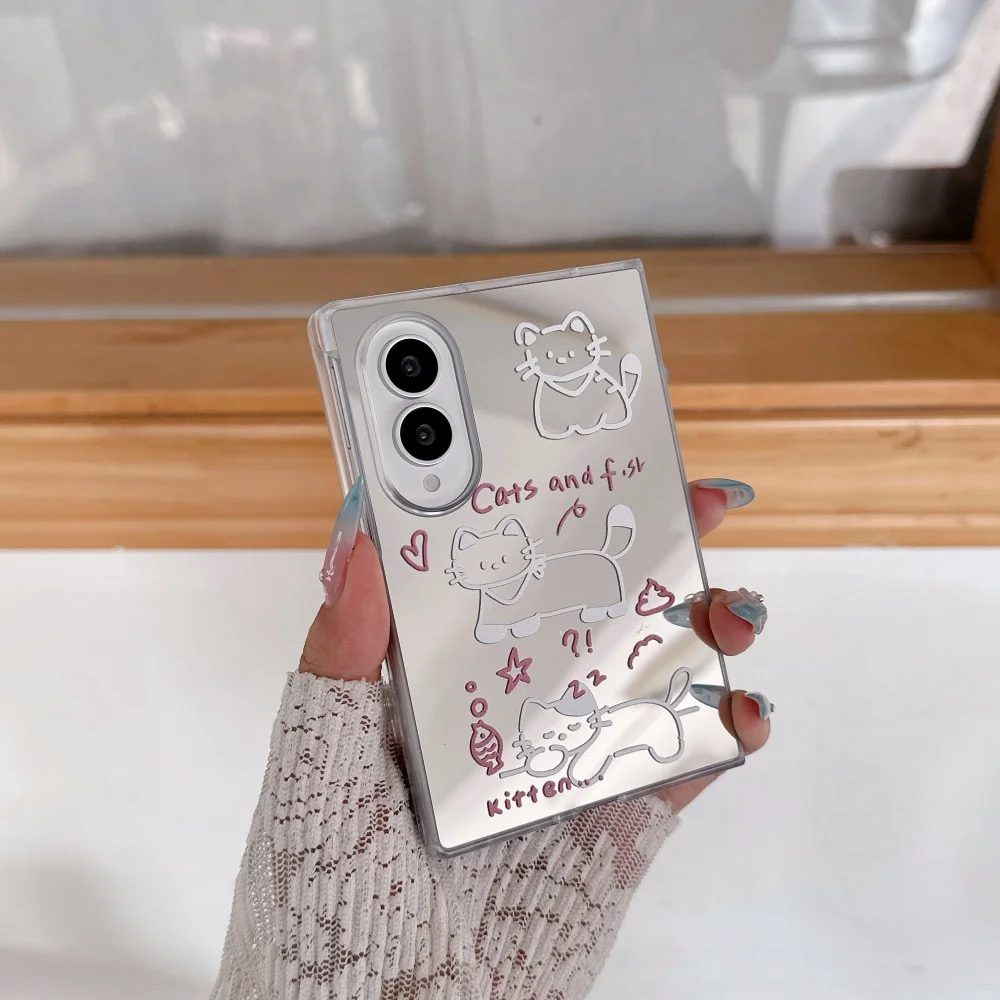 New Korea Ins Cute Cat Puppy Cartoon Mirror Phone Case For Samsung Galaxy Z Fold 8 fold 8 Cover Kawaii Anti-Fall Protective Case
