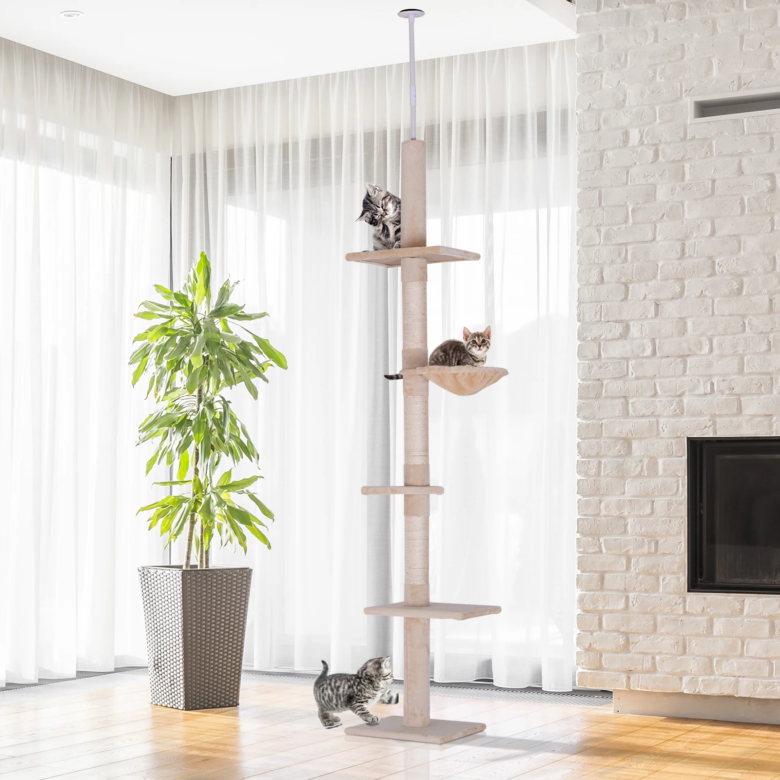 Bodenhoher Katzenbaum, hoher Katzenturm, 5-stufiges Aktivitätszentrum, Kratzbaum aus Natur-Sisal, mehrere Plüsch-Kletterplattformen, stabiles vertikales Spiel- und Ruhe-Möbelstück,