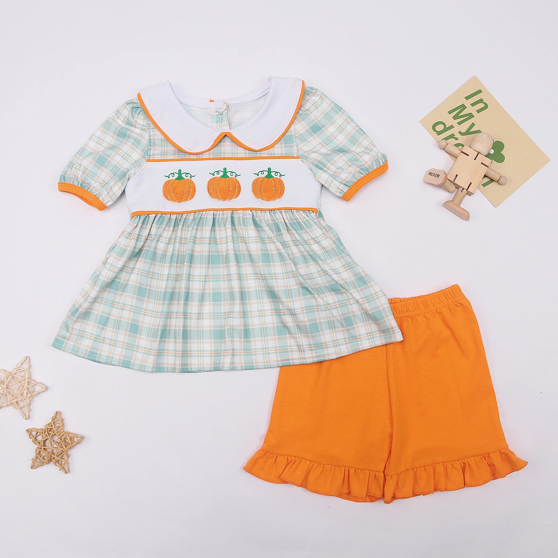 

2023 Pumpkin Embroidery New Summer Style Baby Girl Clothing Children Boutique Outfit Cotton Kid Peter Pan Collar Orange Cute Set