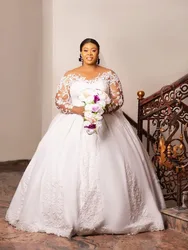 Luxury Plus Size Sheer O-neck Wedding Dressew Long Sleeves Appliques Floor Length Puffy Bridal Gown Vestido De Novia