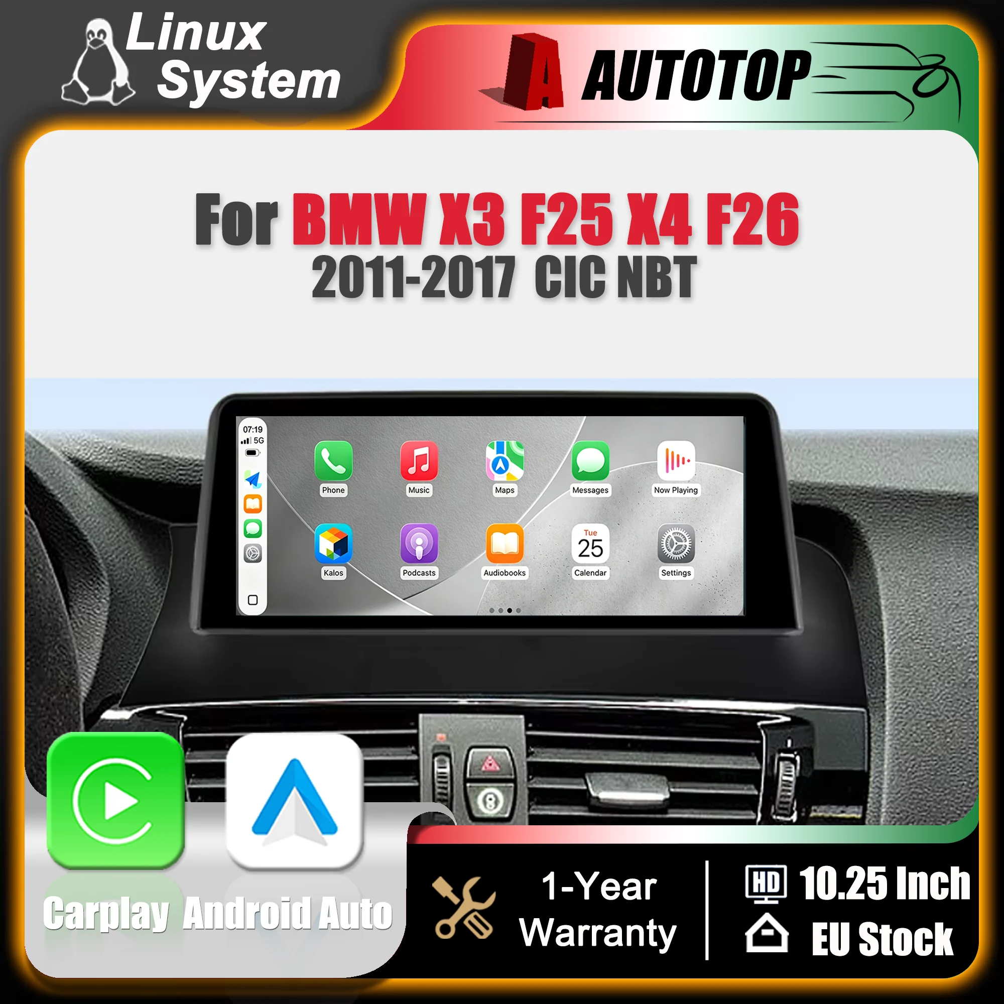 Autoradio con schermo touchscreen da 10,25 pollici, risoluzione 1920x720p, sistema wireless Carplay, Android Auto e Linux, per BMW X3 F25 e X4 F26 (2011-2017), sistema CIC NBT, navigazione GPS e
