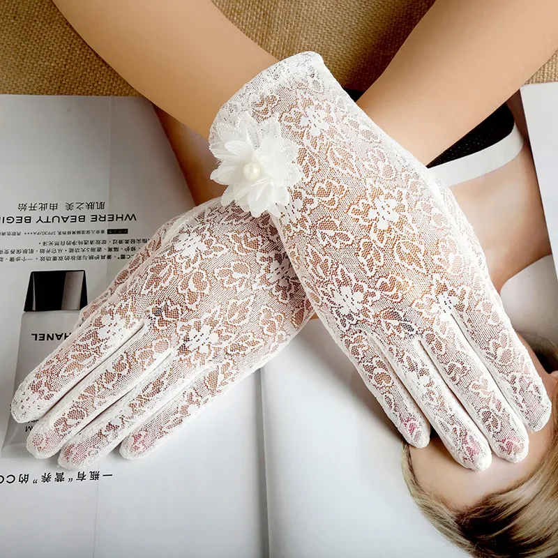AliExpress DANJIU Women Summer Sexy Hollow Lace Flower Elegant Breathable Sunscreen Anti-UV Drive Cycling Touch Screen Gloves Short Pearl