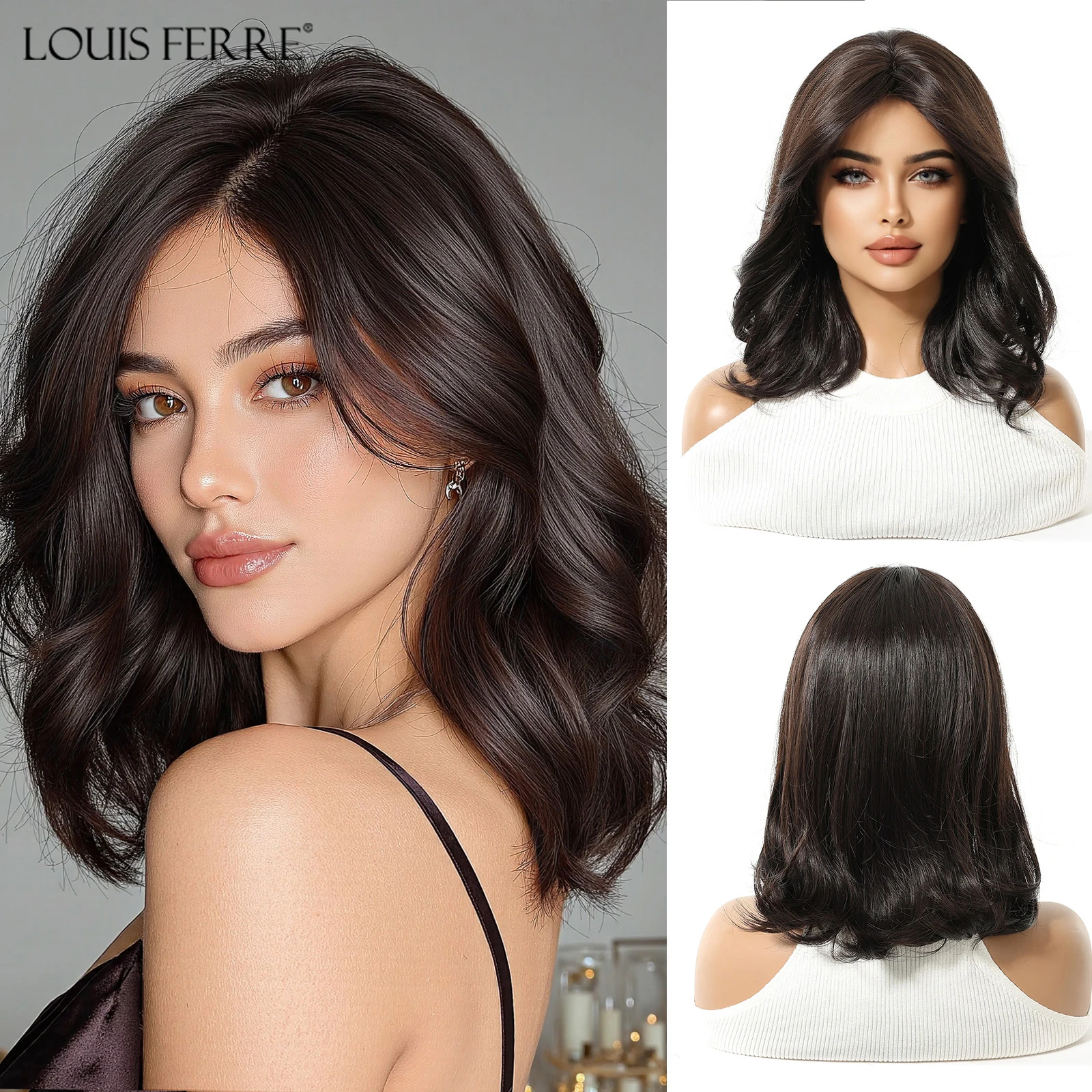 

LOUIS FERRE Natural Brown Short Wavy Wigs Daily Use Natural Fake Hair For Women Party Lolita Heat Resistant Synthetic Wigs